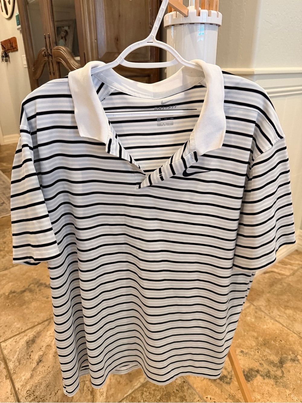 Nike White and Black Striped Dri-Fit Polo